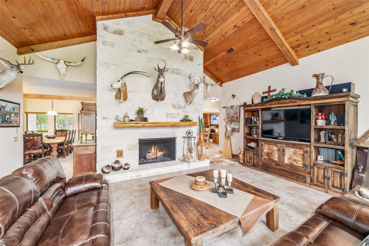 Dining room, Fireplace, Interior, Living room, Pendant Lights, Stone Walls, Wooden Beams, Wooden Ceilings