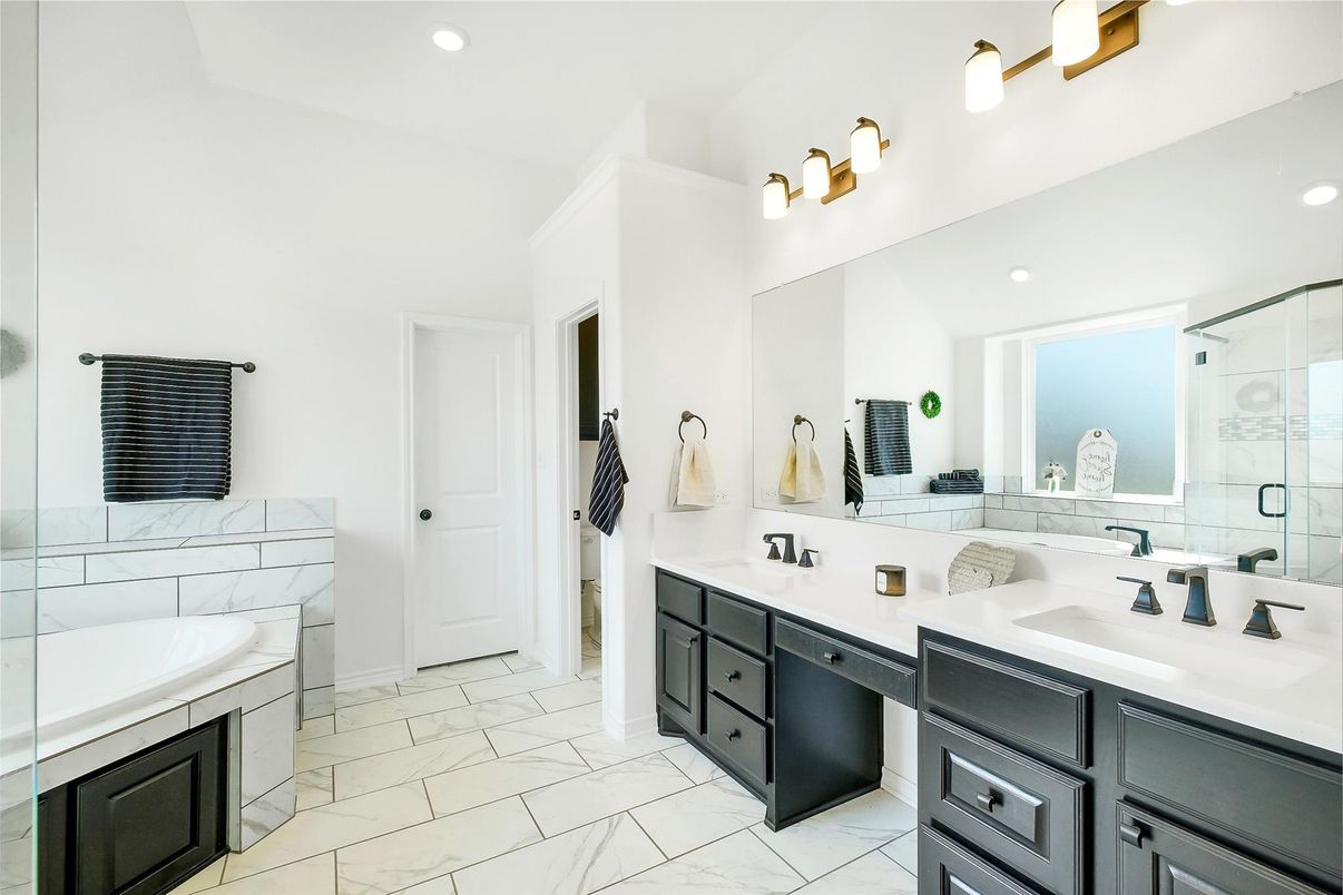 Bathroom, Dual Sink Vanities, Glass Shower, Interior, Marble, Recessed Lighting