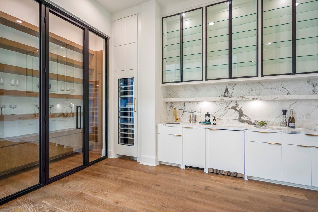 Interior, Kitchen, Marble Walls, Recessed Lighting, Wood Texture Flooring