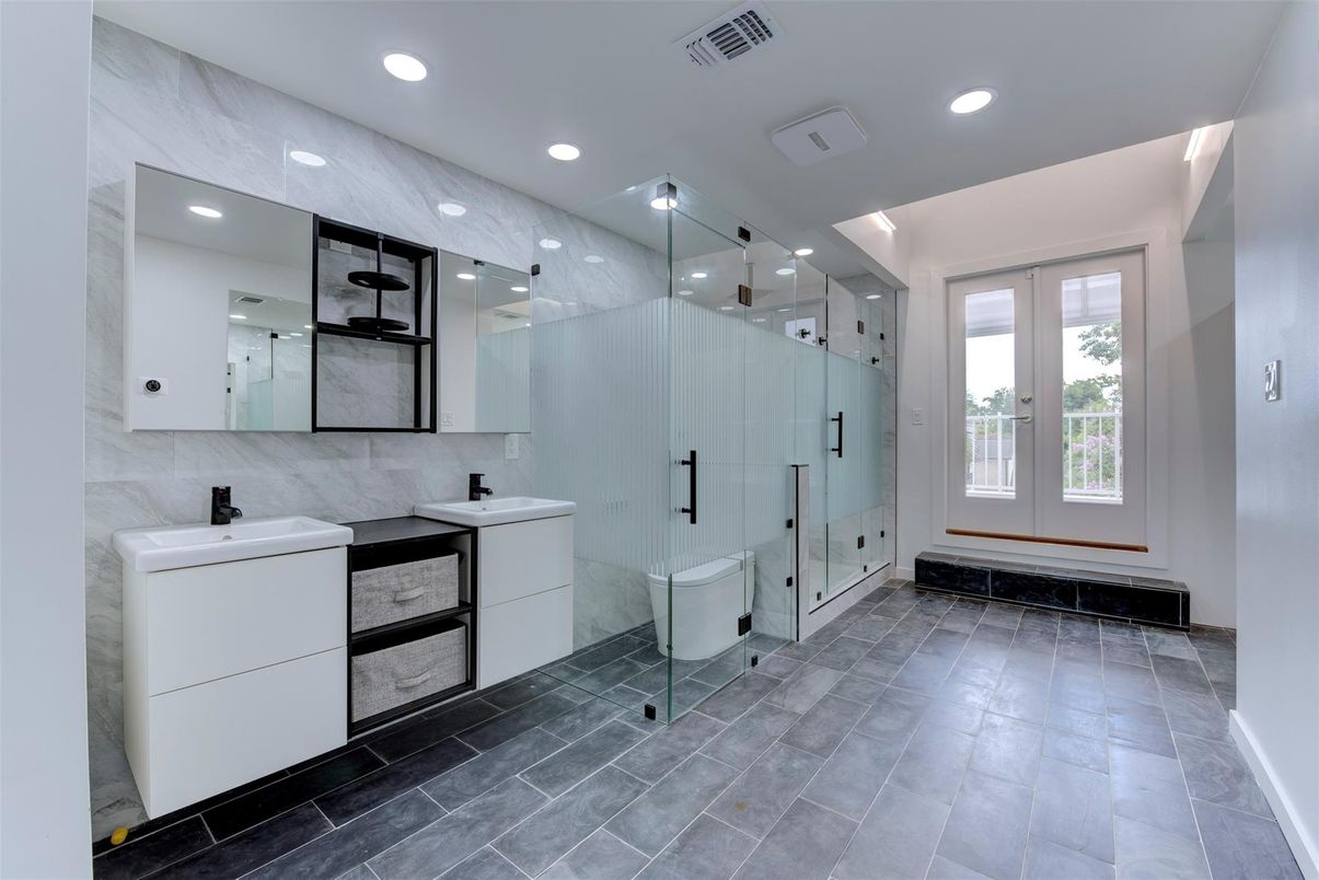 Bathroom, Dual Sink Vanities, Glass Shower, Interior, Marble Walls, Recessed Lighting