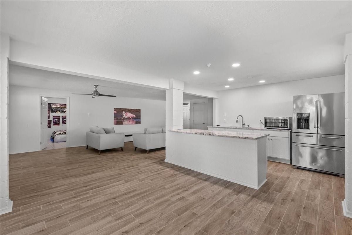 Interior, Kitchen, Living room, Recessed Lighting, Stainless Steel Appliances, Wood Texture Flooring