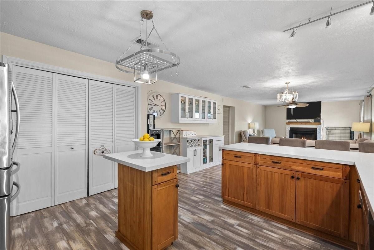 Fireplace, Interior, Kitchen, Pendant Lights, Wood Texture Flooring
