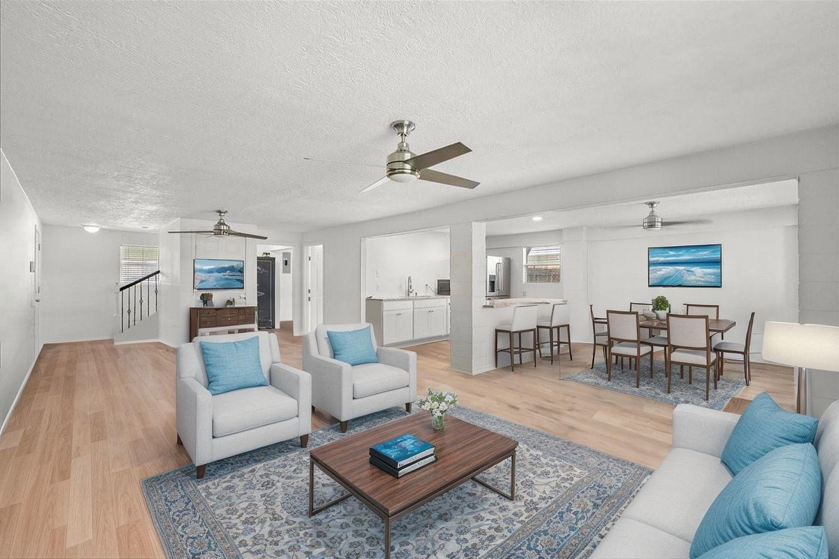 Dining room, Interior, Living room, Recessed Lighting, Wood Texture Flooring