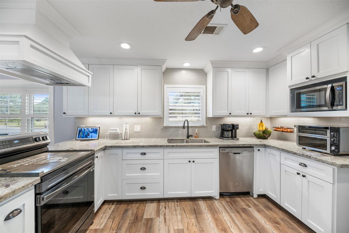 Interior, Kitchen, Recessed Lighting, Stainless Steel Appliances, Wood Texture Flooring