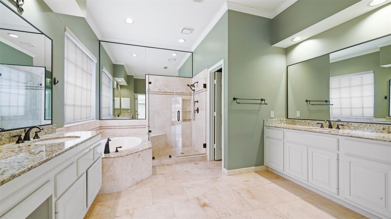 Bathroom, Dual Sink Vanities, Glass Shower, Interior, Recessed Lighting