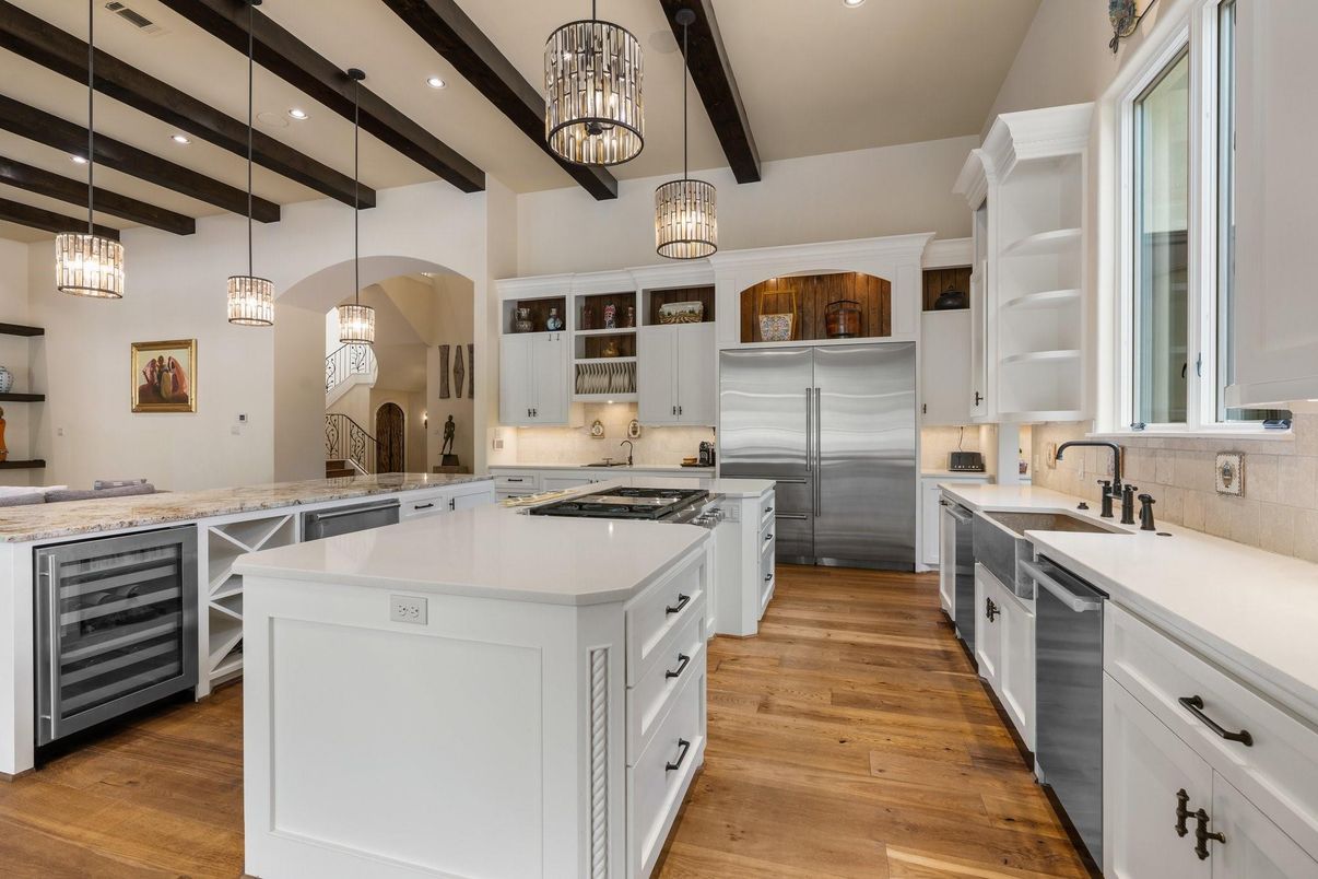 Interior, Kitchen, Pendant Lights, Recessed Lighting, Stainless Steel Appliances, Wooden Beams, Wood Texture Flooring