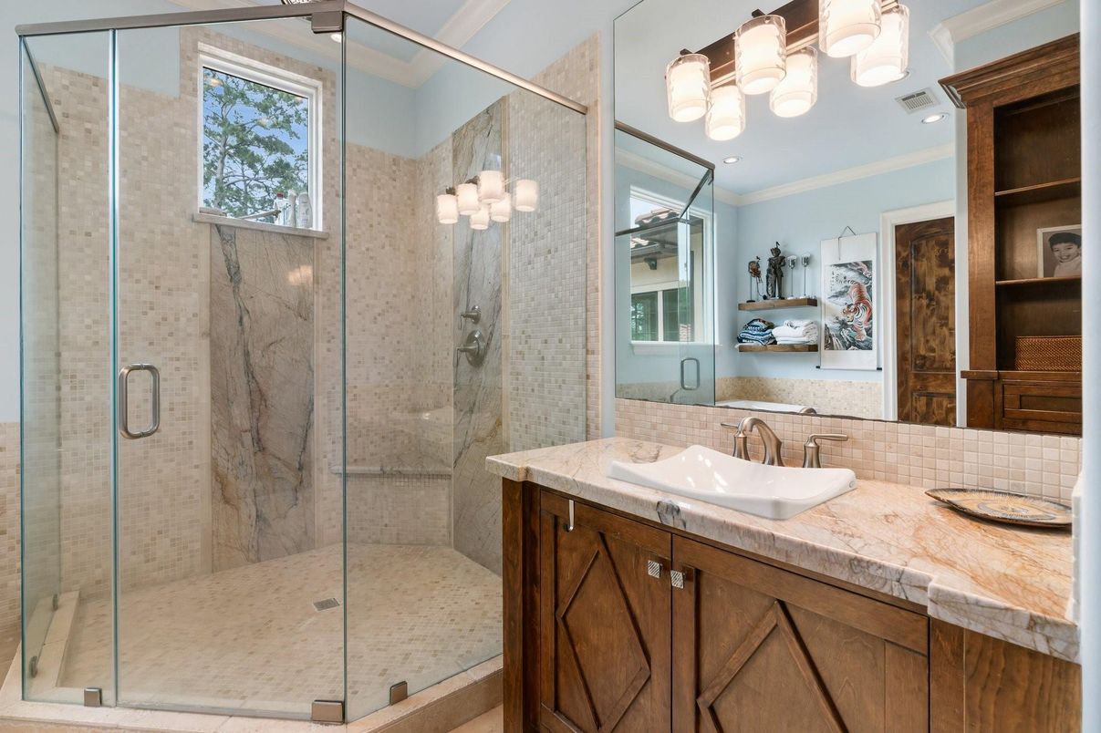Bathroom, Glass Shower, Interior, Recessed Lighting, Tile Countertops