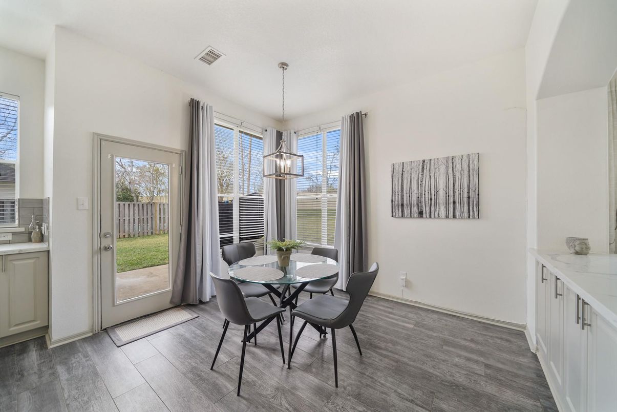 Dining room, Interior, Pendant Lights, Wood Texture Flooring