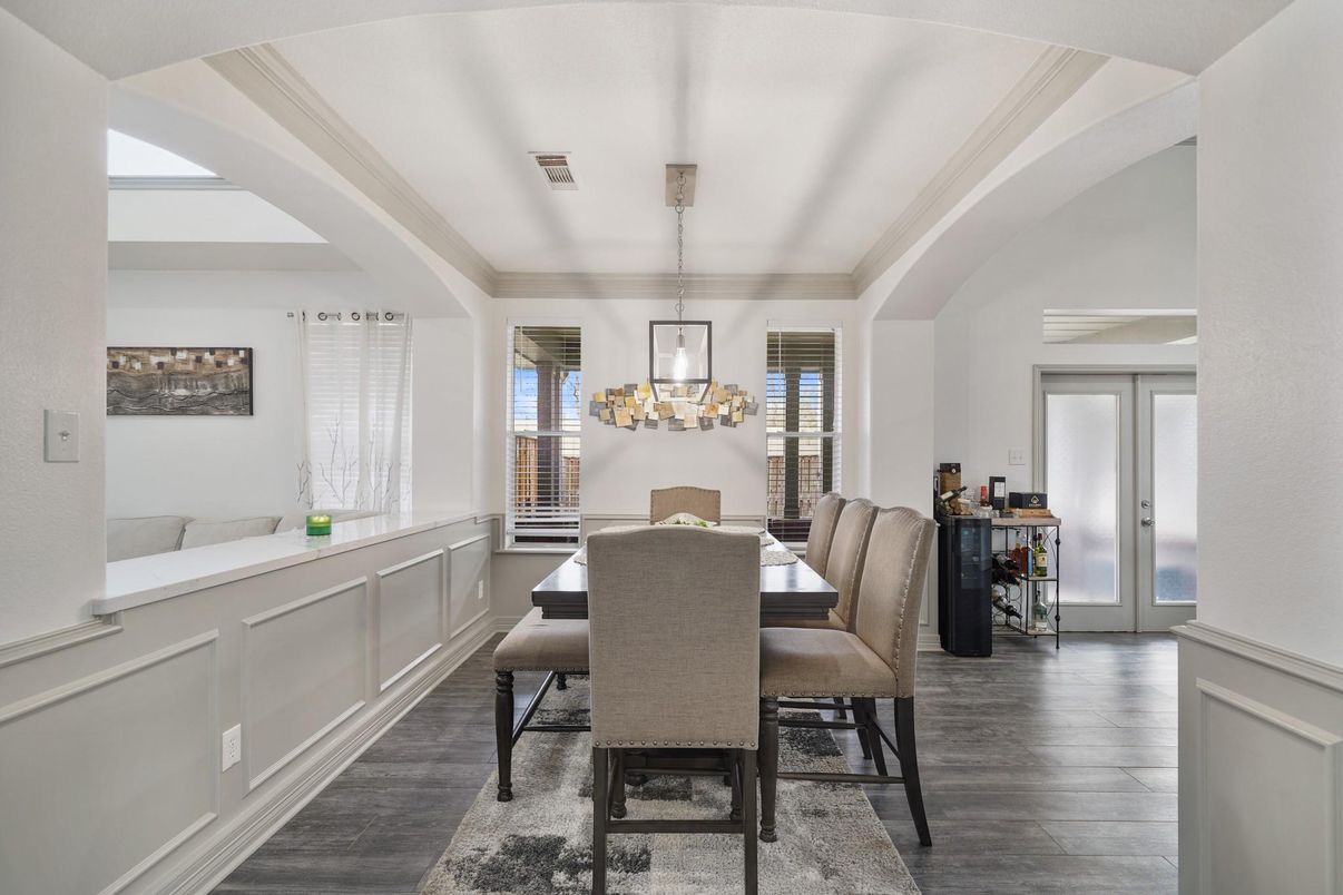Dining room, Interior, Pendant Lights, Wood Texture Flooring