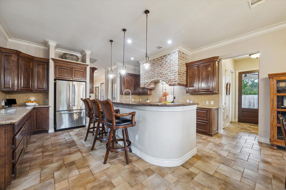 Interior, Kitchen, Pendant Lights, Recessed Lighting, Stainless Steel Appliances, Stone Walls