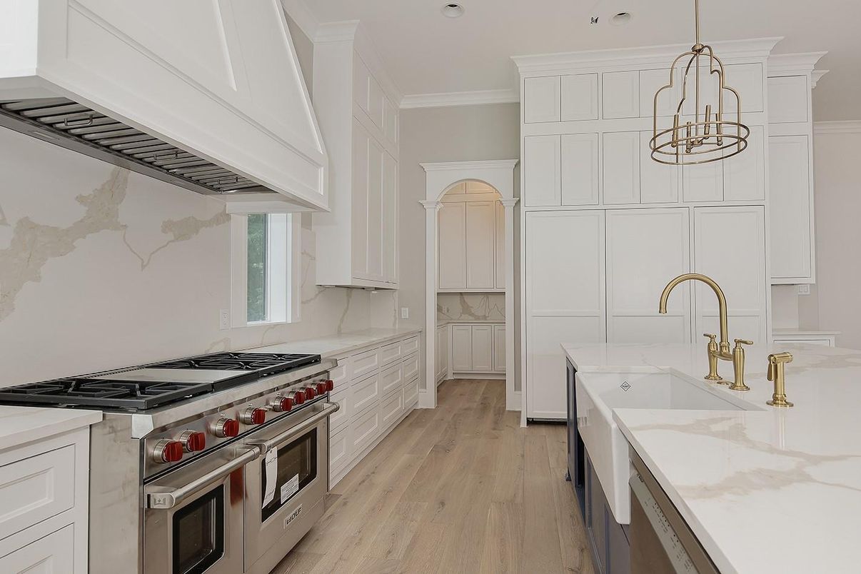 Chandelier, Interior, Kitchen, Pendant Lights, Recessed Lighting, Stainless Steel Appliances, Wood Texture Flooring