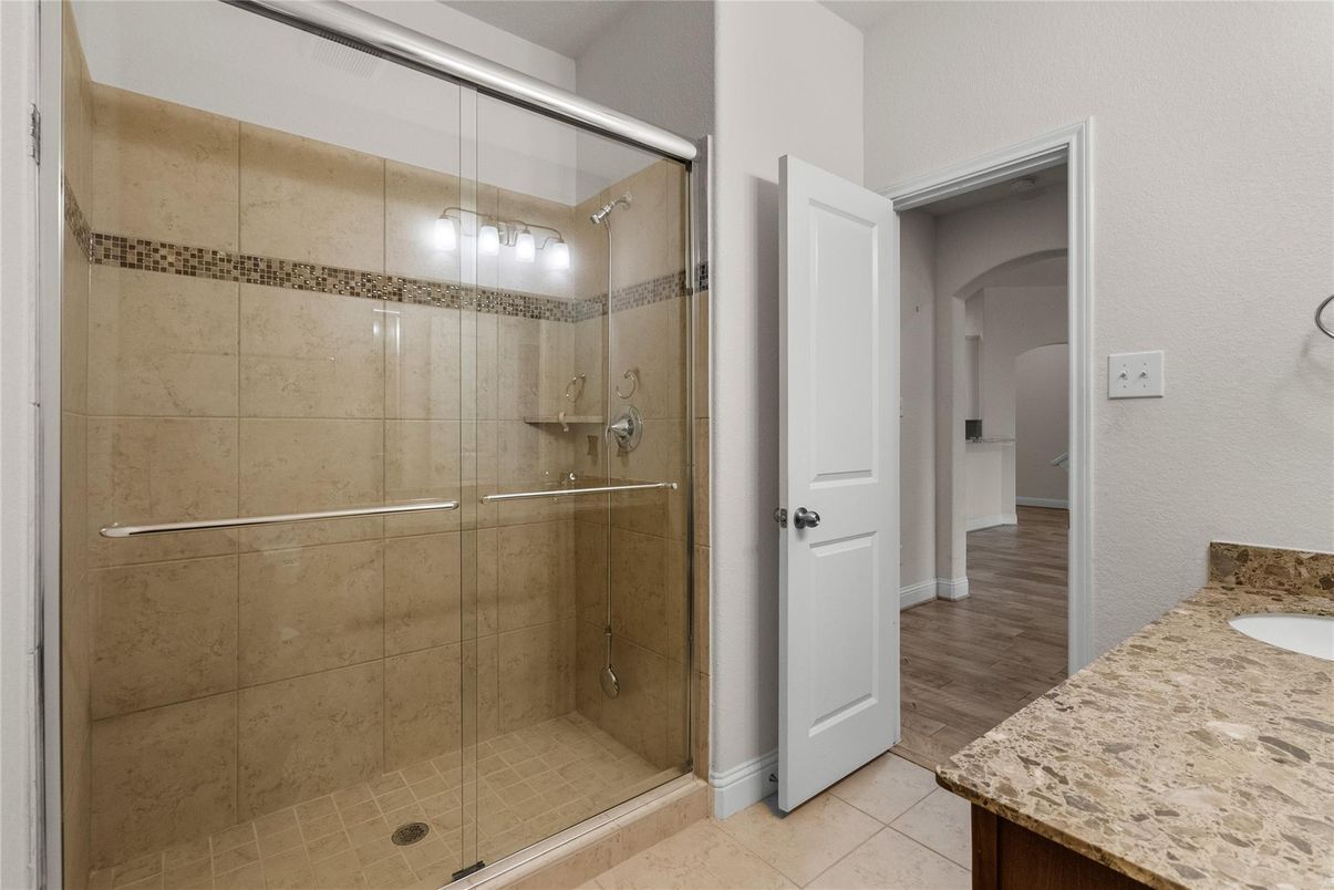 Bathroom, Glass Shower, Interior, Wood Texture Flooring