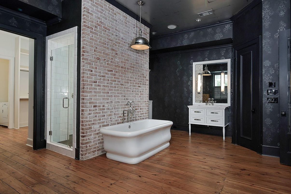 Bathroom, Free Standing Baths, Interior, Pendant Lights, Recessed Lighting, Stone Walls, Wood Texture Flooring