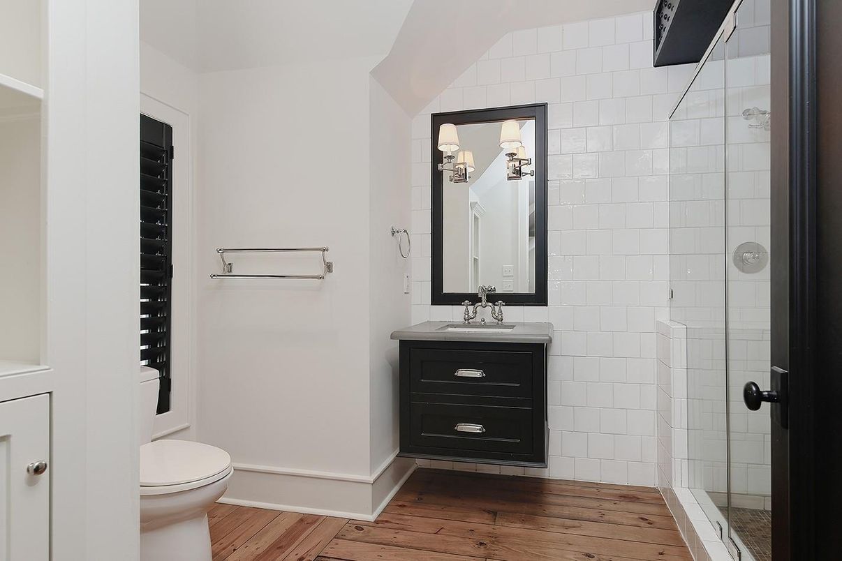 Bathroom, Glass Shower, Interior, Wood Texture Flooring