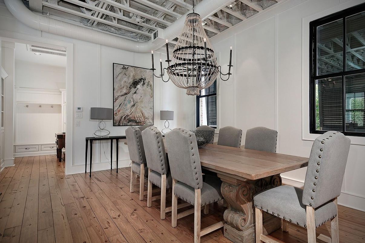 Chandelier, Dining room, Interior, Wood Texture Flooring