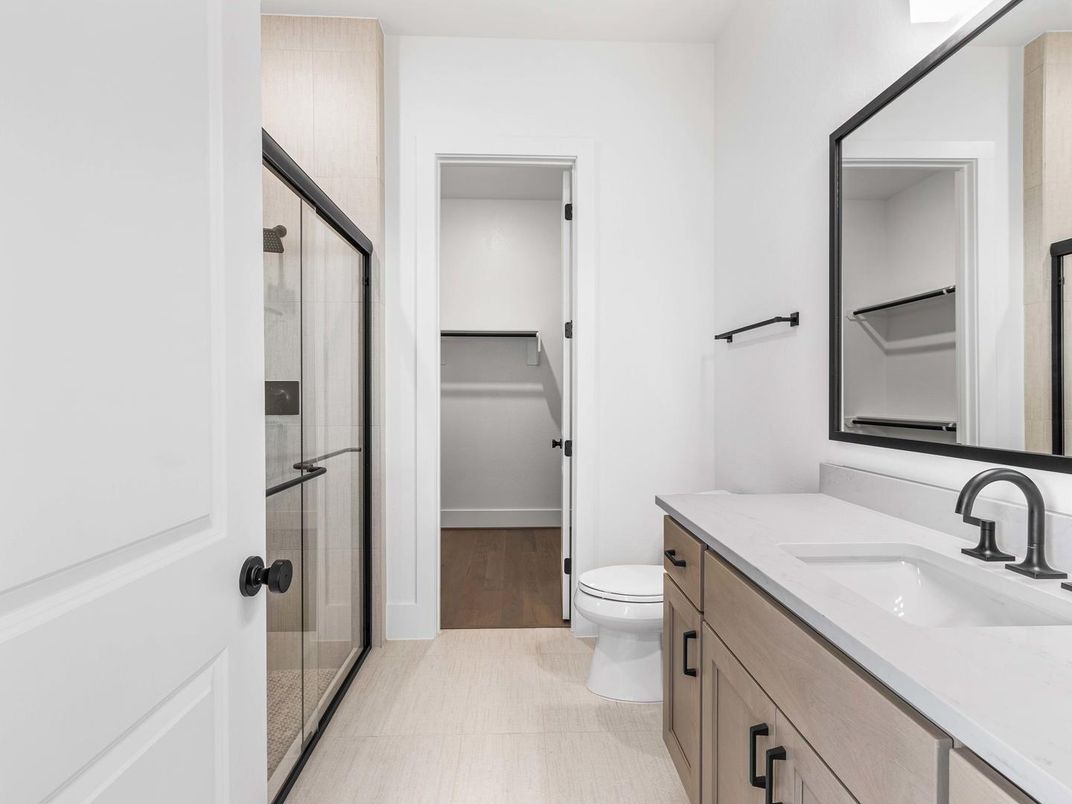 Bathroom, Glass Shower, Interior, Wood Texture Flooring