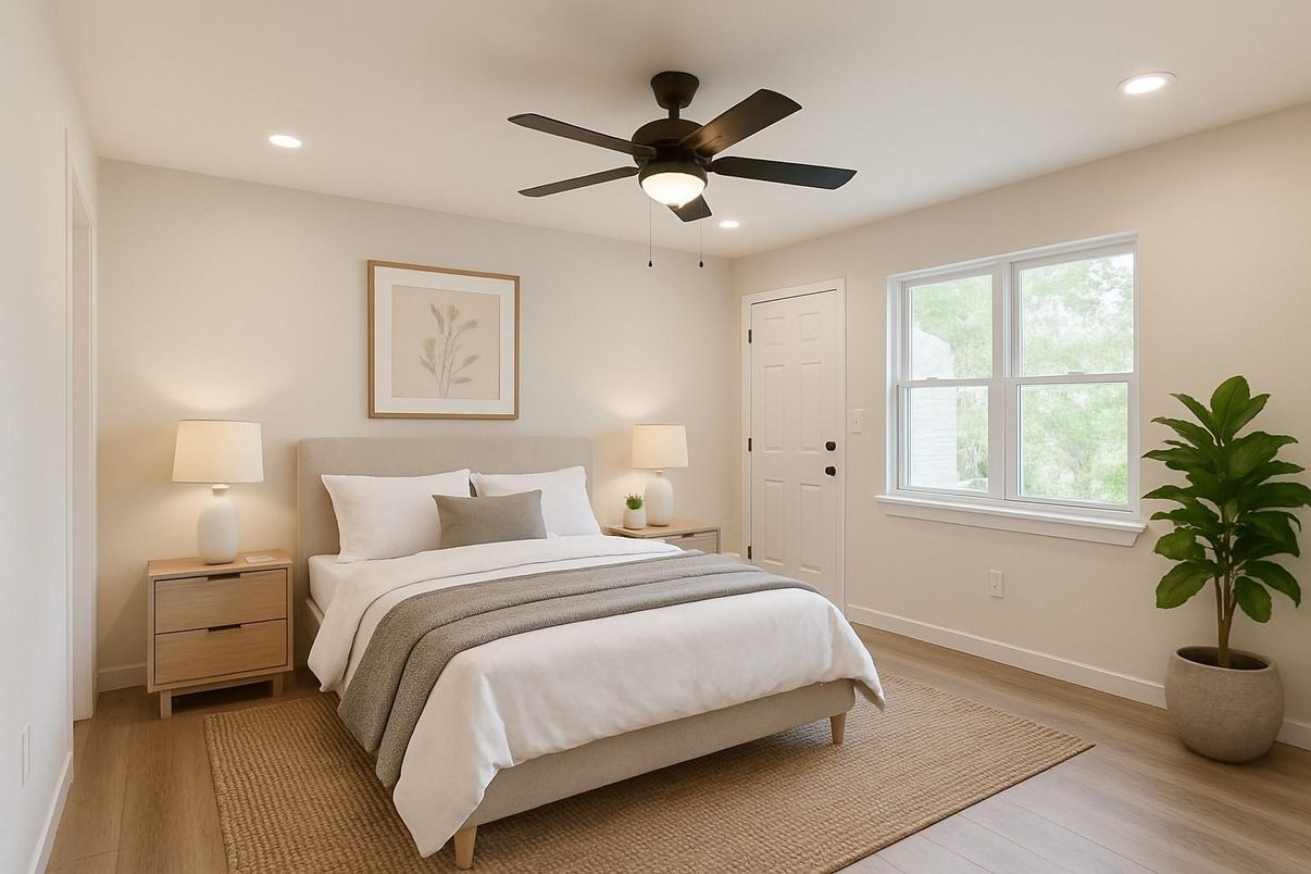 Bedroom, Interior, Recessed Lighting, Wood Texture Flooring