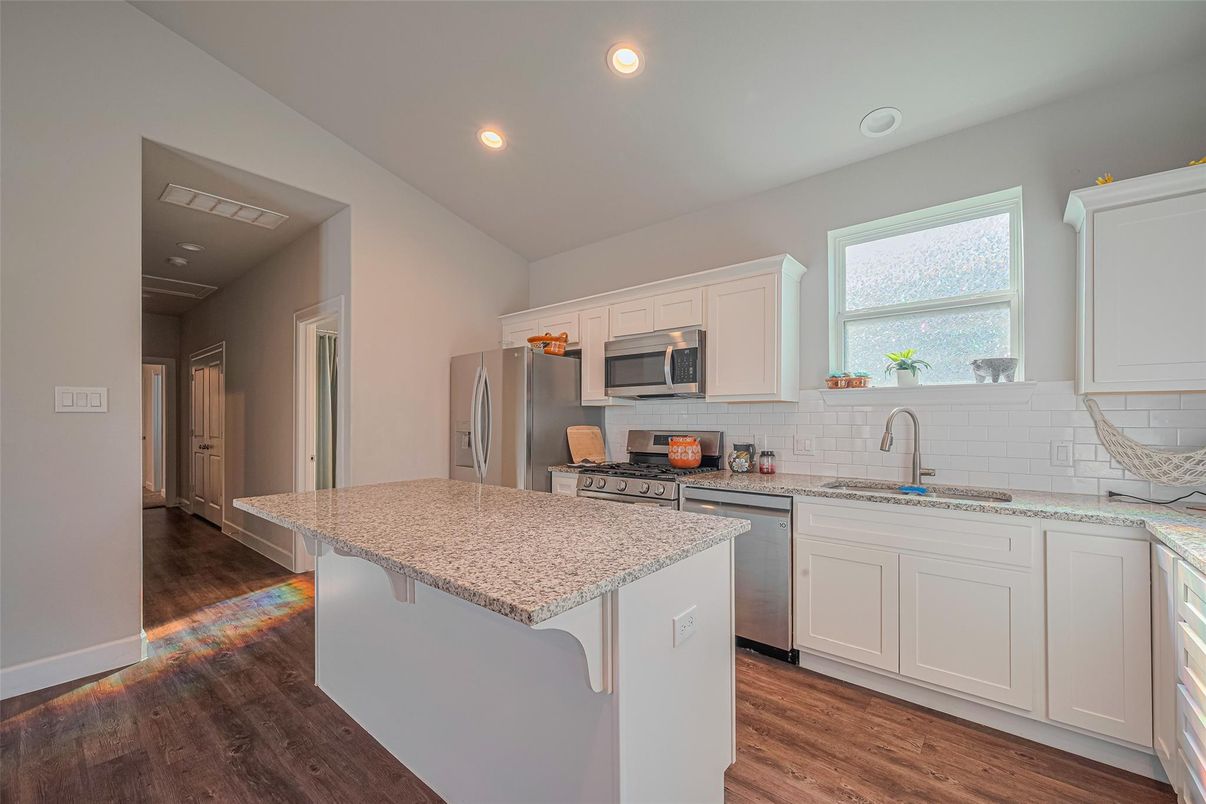 Interior, Kitchen, Recessed Lighting, Stainless Steel Appliances, Wood Texture Flooring