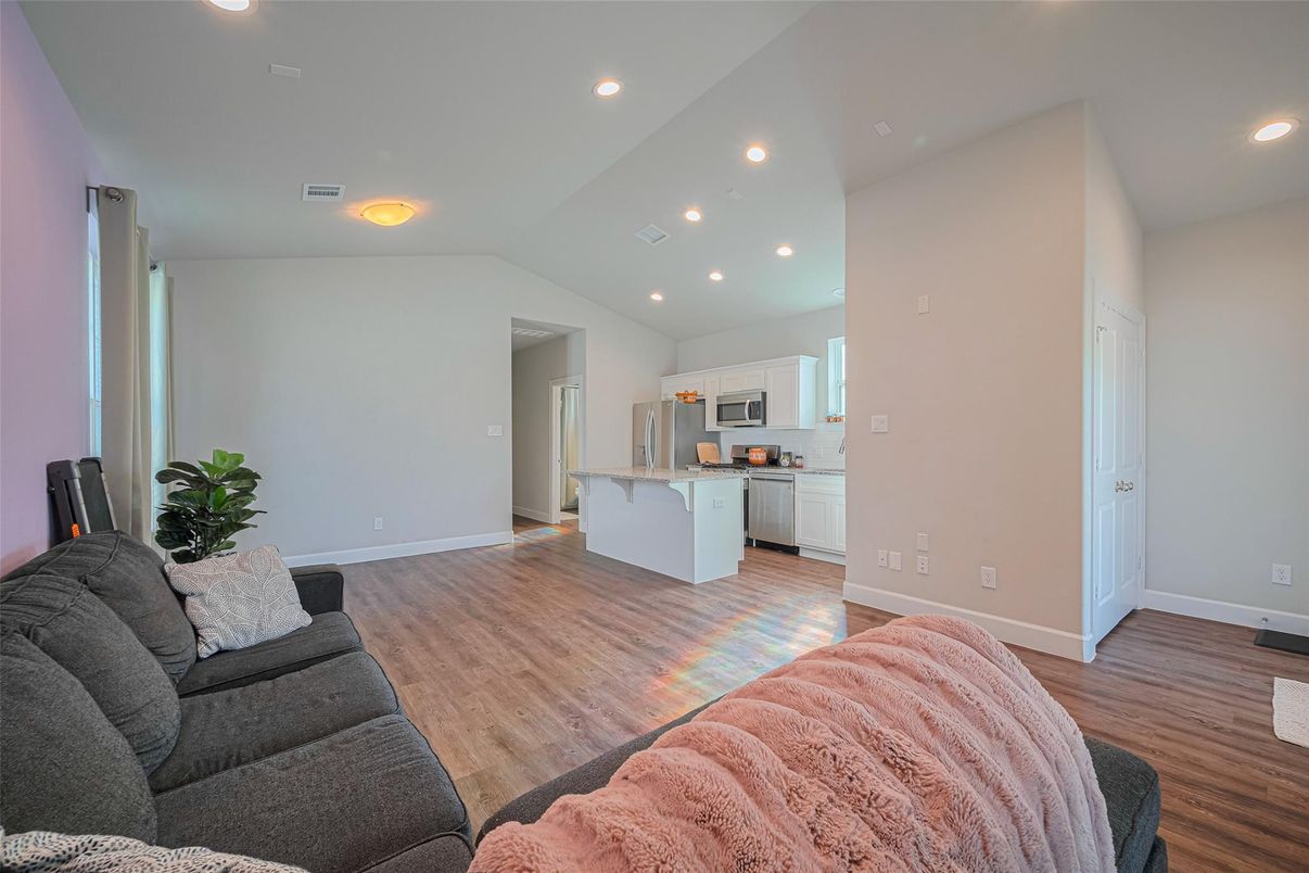 Interior, Kitchen, Living room, Recessed Lighting, Wood Texture Flooring