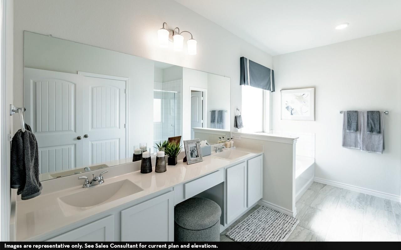 Bathroom, Dual Sink Vanities, Interior, Recessed Lighting, Wood Texture Flooring