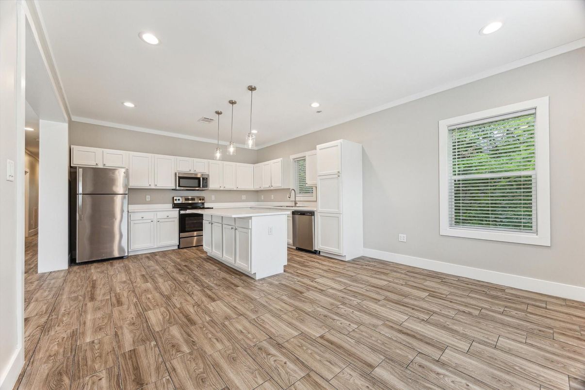 Interior, Kitchen, Pendant Lights, Recessed Lighting, Stainless Steel Appliances, Wood Texture Flooring