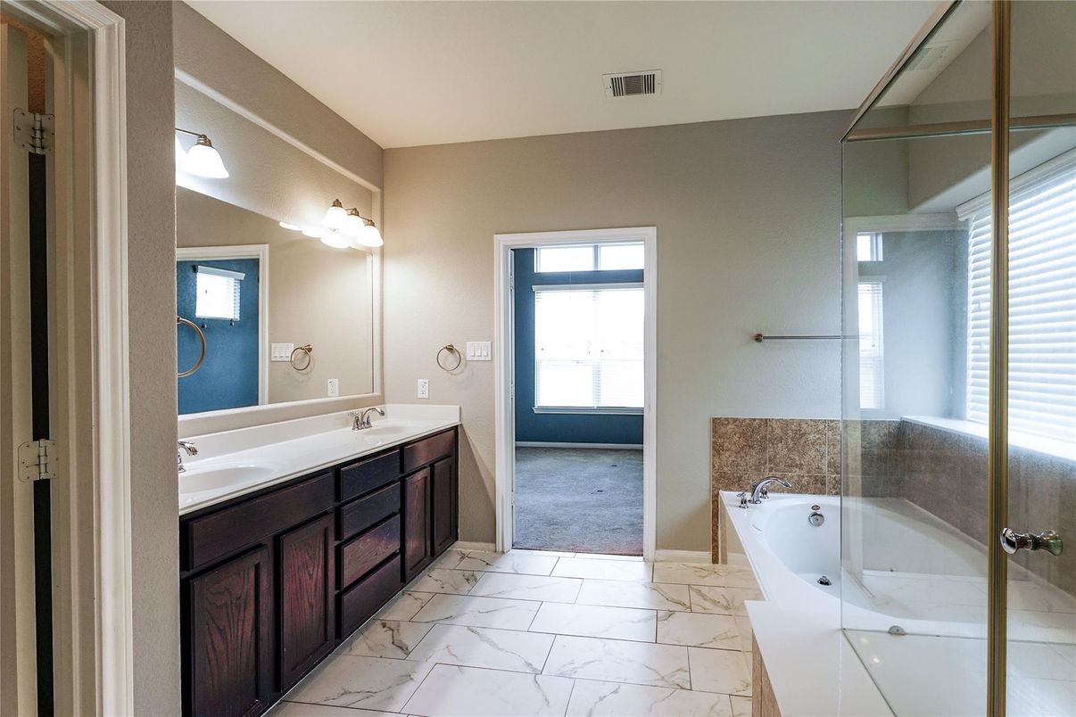 Bathroom, Dual Sink Vanities, Glass Shower, Interior, Marble