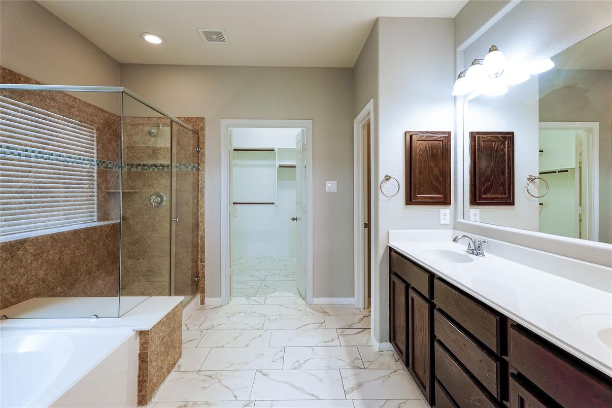 Bathroom, Dual Sink Vanities, Glass Shower, Interior, Marble, Recessed Lighting