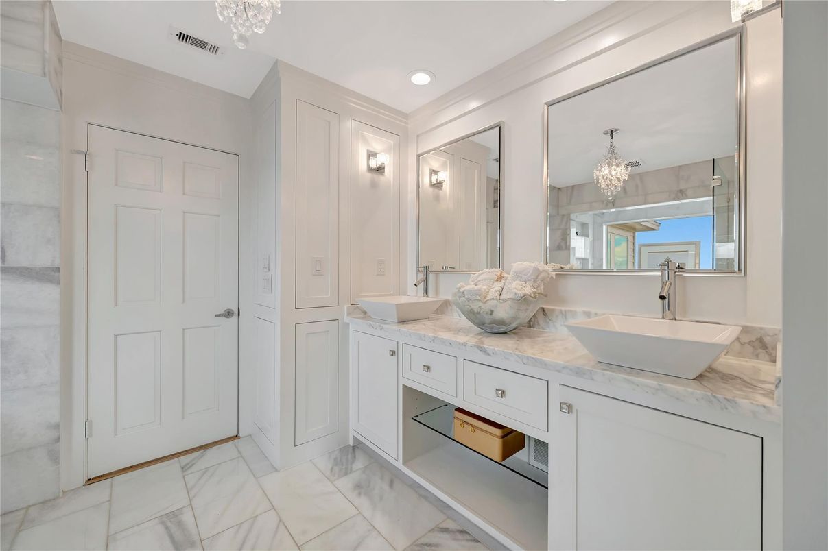 Bathroom, Chandelier, Dual Sink Vanities, Interior, Marble, Recessed Lighting