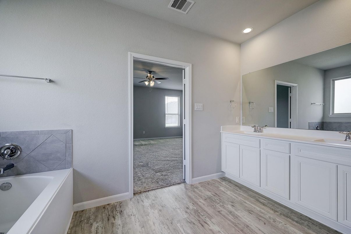 Bathroom, Dual Sink Vanities, Interior, Recessed Lighting, Wood Texture Flooring