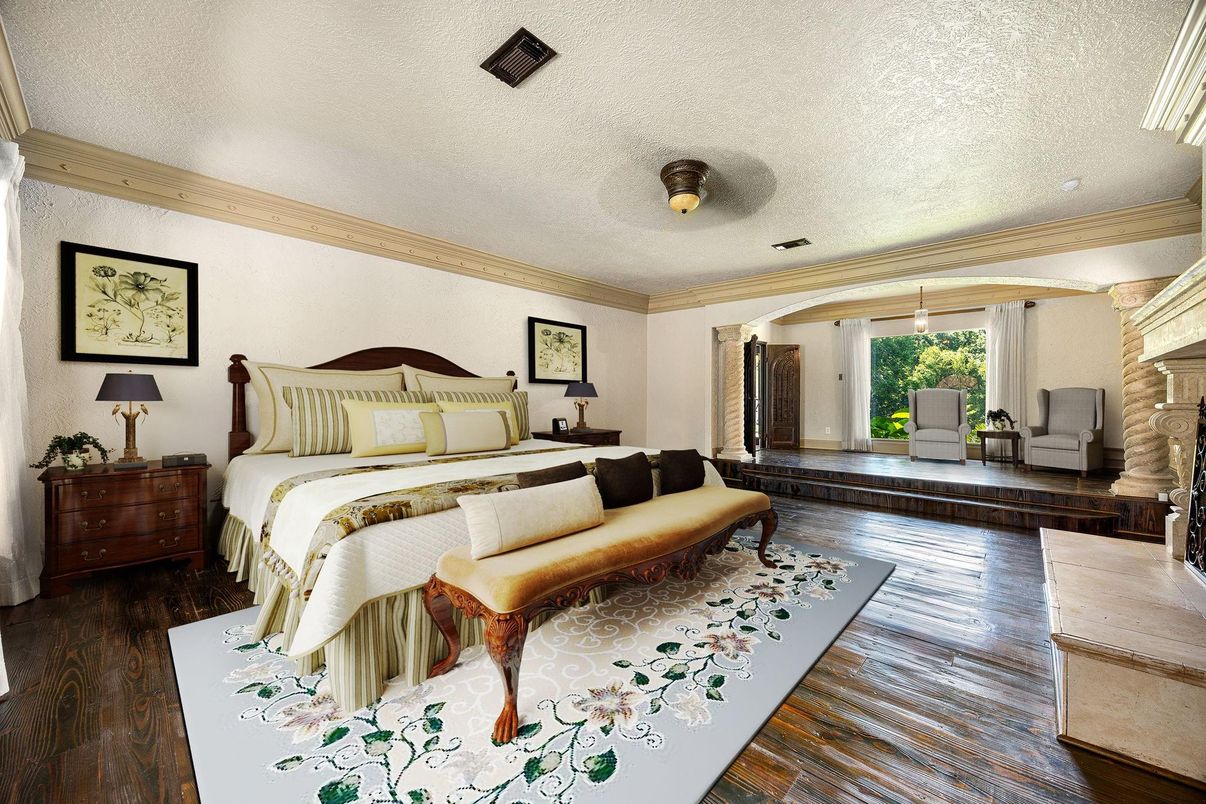 Bedroom, Fireplace, Interior, Wood Texture Flooring