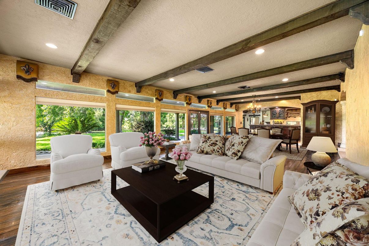 Chandelier, Dining room, Interior, Living room, Recessed Lighting, Wooden Beams, Wood Texture Flooring