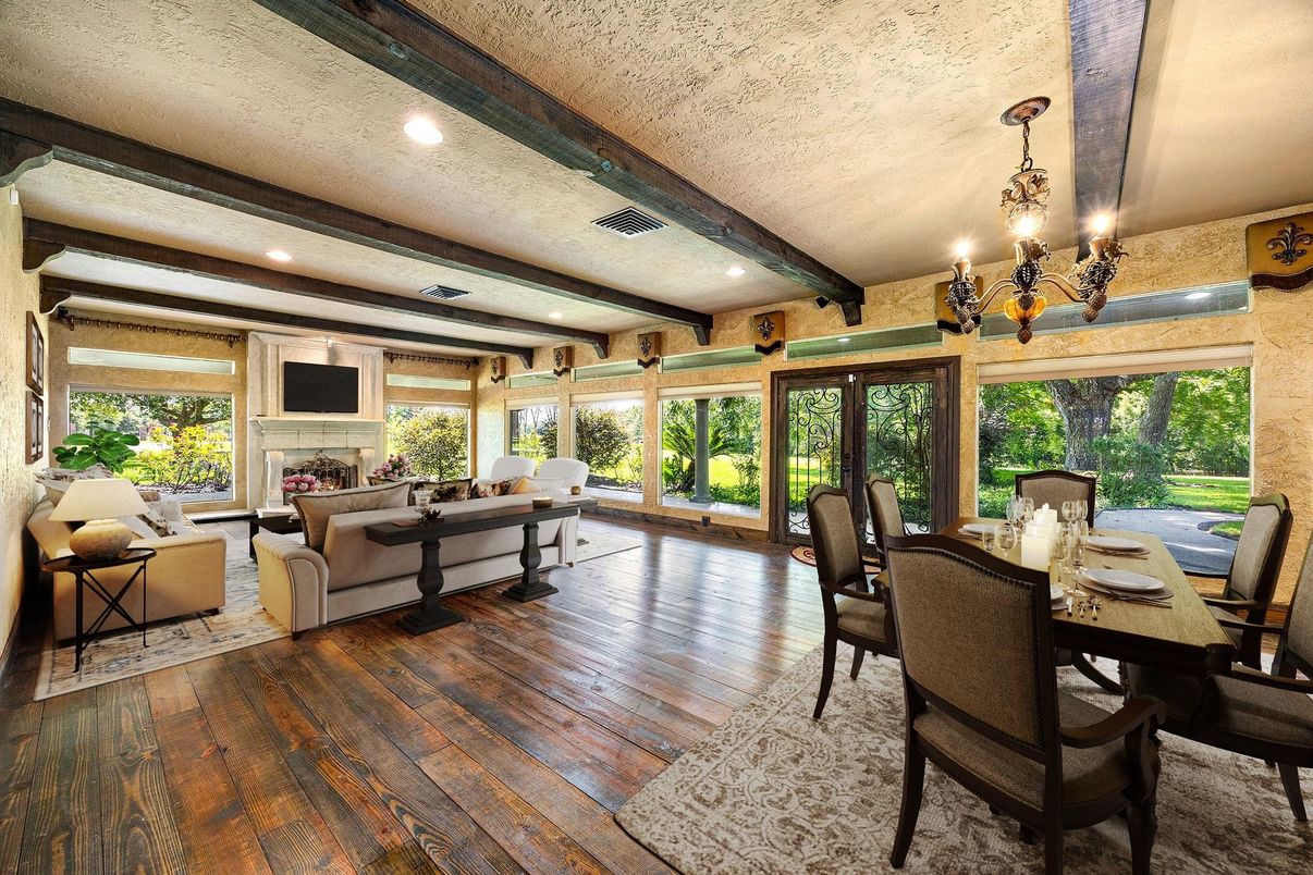 Chandelier, Dining room, Fireplace, Interior, Living room, Recessed Lighting, Wooden Beams, Wood Texture Flooring