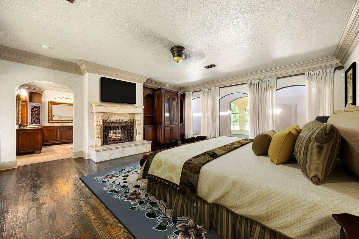 Bedroom, Fireplace, Interior, Wood Texture Flooring