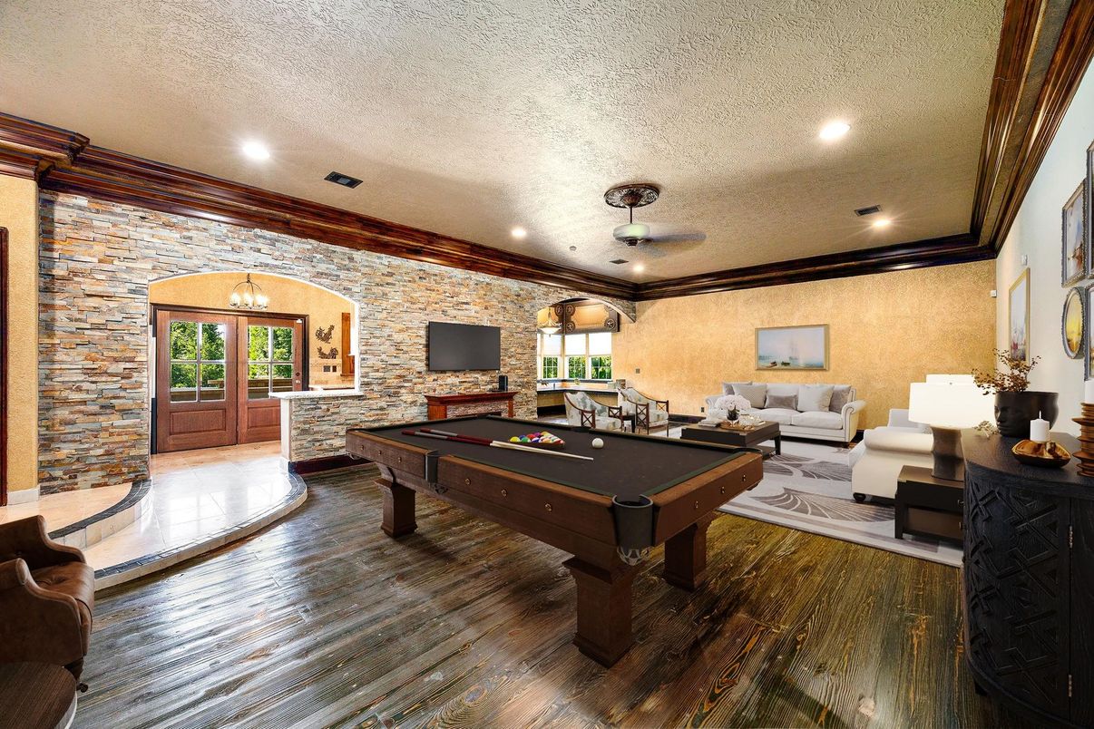 Billiard Table, Game Room, Interior, Recessed Lighting, Stone Walls, Wood Texture Flooring
