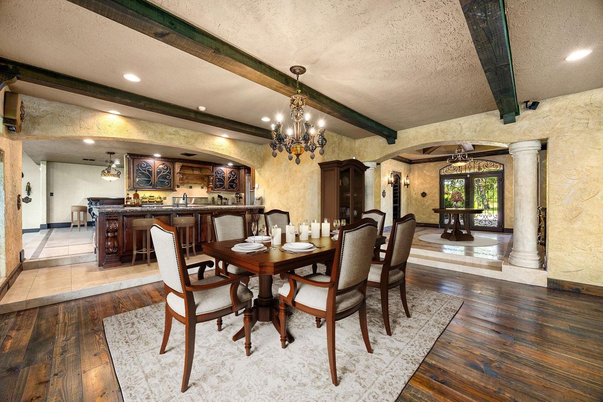 Chandelier, Dining room, Interior, Recessed Lighting, Wooden Beams, Wood Texture Flooring