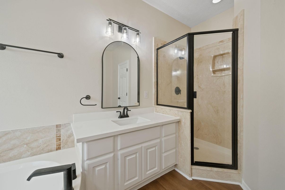 Bathroom, Glass Shower, Interior, Recessed Lighting, Wood Texture Flooring
