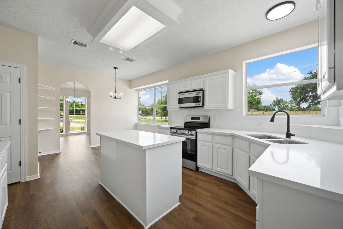 Interior, Kitchen, Pendant Lights, Stainless Steel Appliances, Wood Texture Flooring