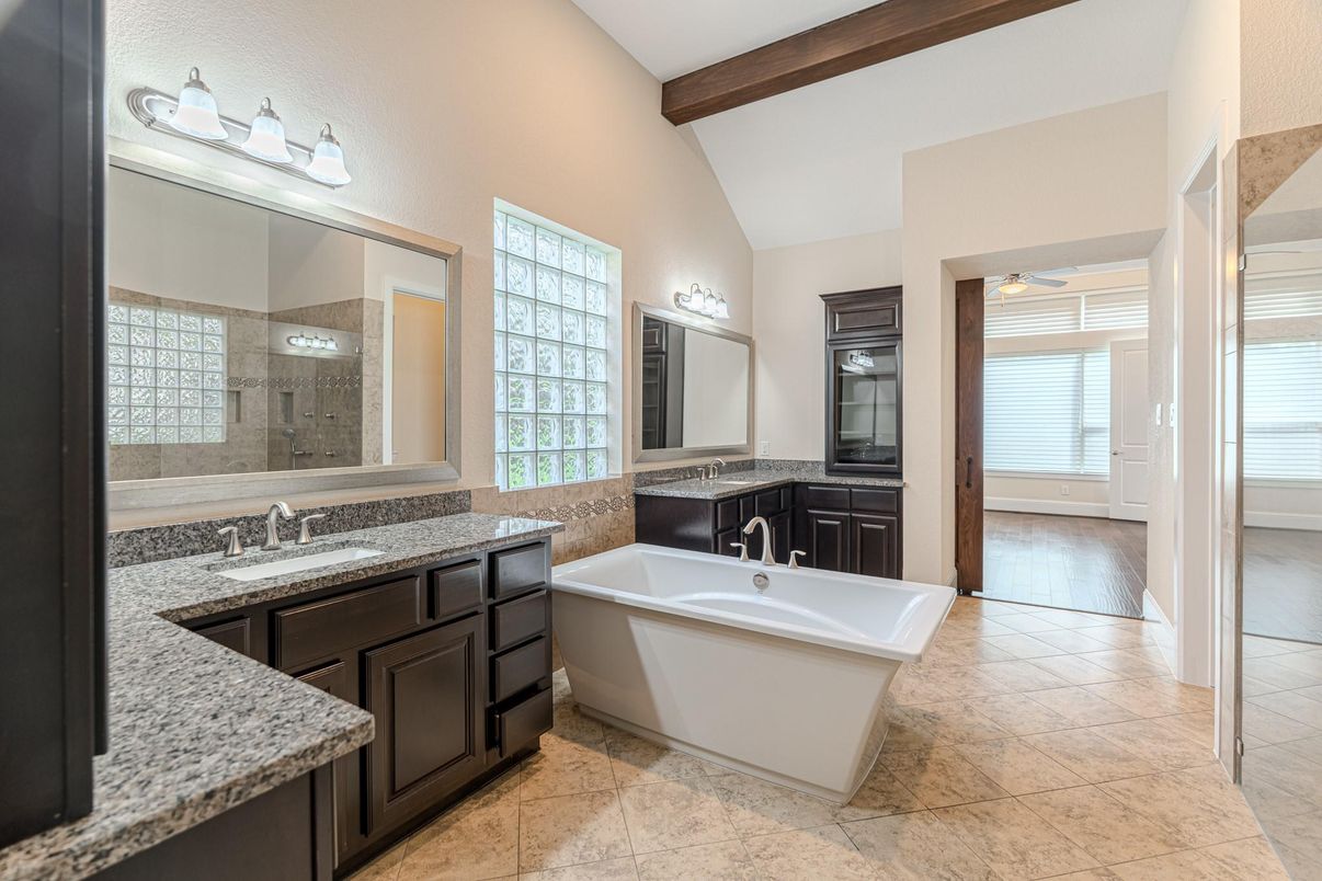 Bathroom, Dual Sink Vanities, Free Standing Baths, Interior, Wooden Beams