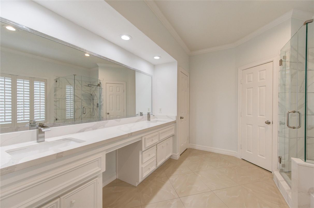 Bathroom, Dual Sink Vanities, Glass Shower, Interior, Recessed Lighting