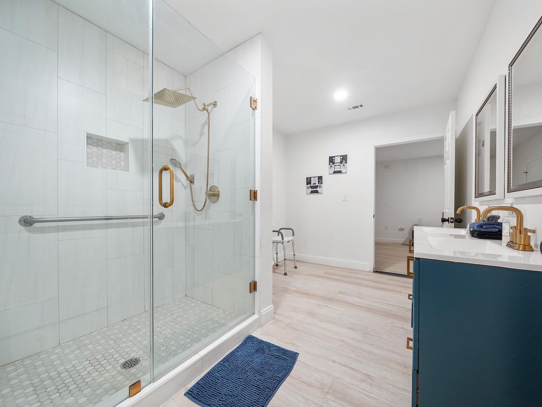 Bathroom, Glass Shower, Interior, Recessed Lighting, Wood Texture Flooring