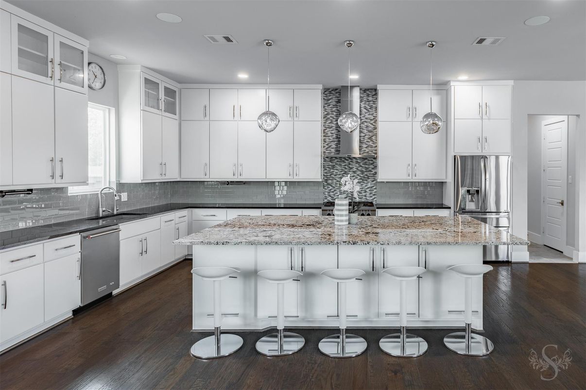 Interior, Kitchen, Pendant Lights, Recessed Lighting, Stainless Steel Appliances, Wood Texture Flooring