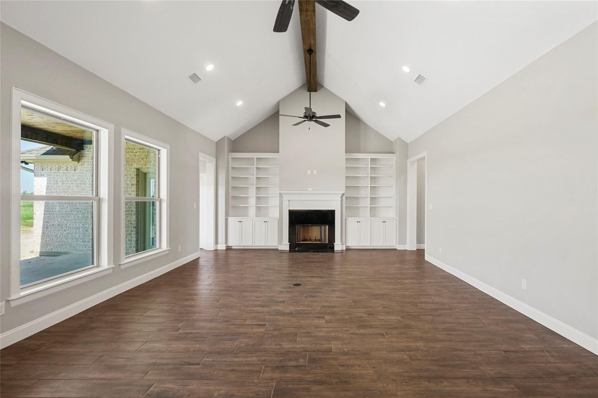 Empty room, Fireplace, Interior, Recessed Lighting, Wooden Beams, Wood Texture Flooring
