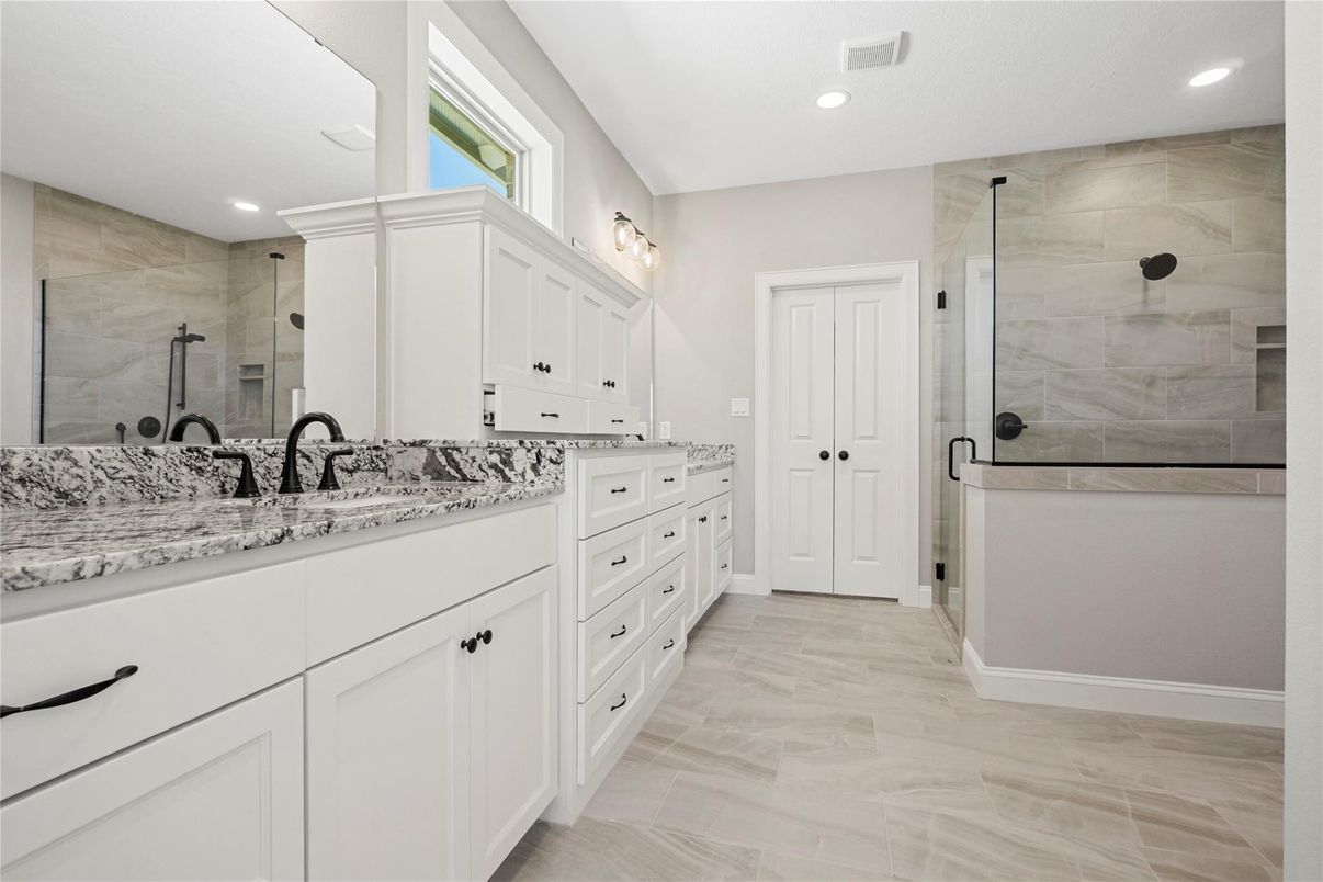 Bathroom, Dual Sink Vanities, Glass Shower, Interior, Recessed Lighting