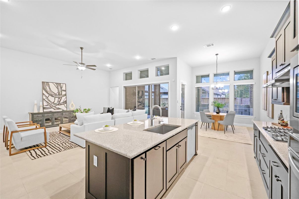 Dining room, Fireplace, Interior, Kitchen, Living room, Pendant Lights, Recessed Lighting