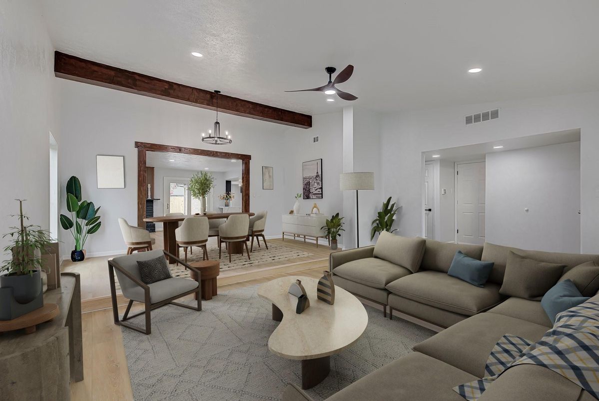 Dining room, Interior, Living room, Pendant Lights, Recessed Lighting, Wooden Beams, Wood Texture Flooring