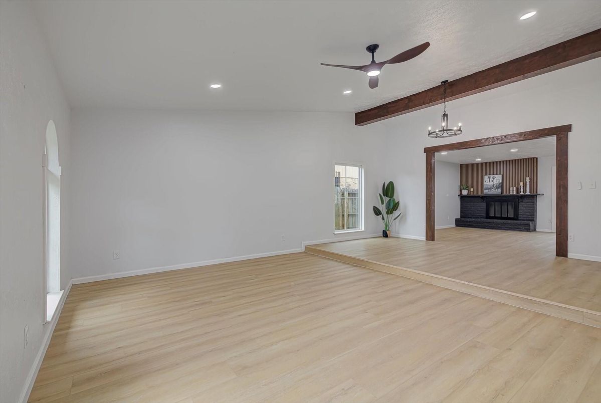 Chandelier, Empty room, Interior, Recessed Lighting, Wooden Beams, Wood Texture Flooring