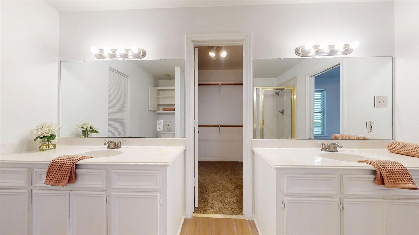 Bathroom, Dual Sink Vanities, Glass Shower, Interior, Wood Texture Flooring