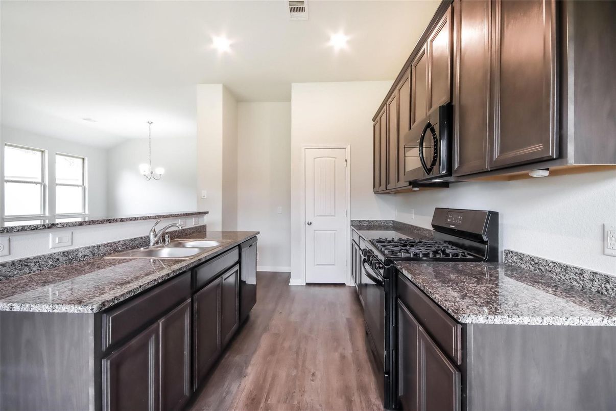 Chandelier, Interior, Kitchen, Recessed Lighting, Wood Texture Flooring