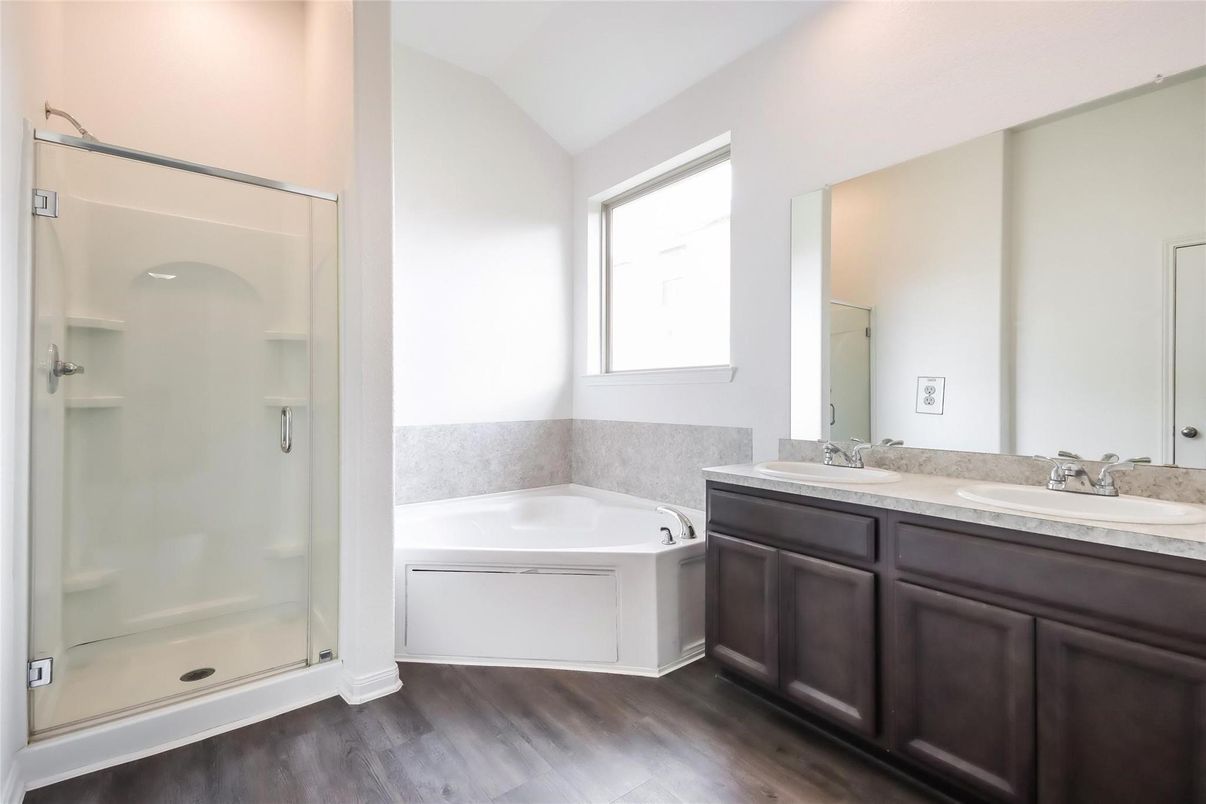 Bathroom, Dual Sink Vanities, Glass Shower, Interior, Wood Texture Flooring