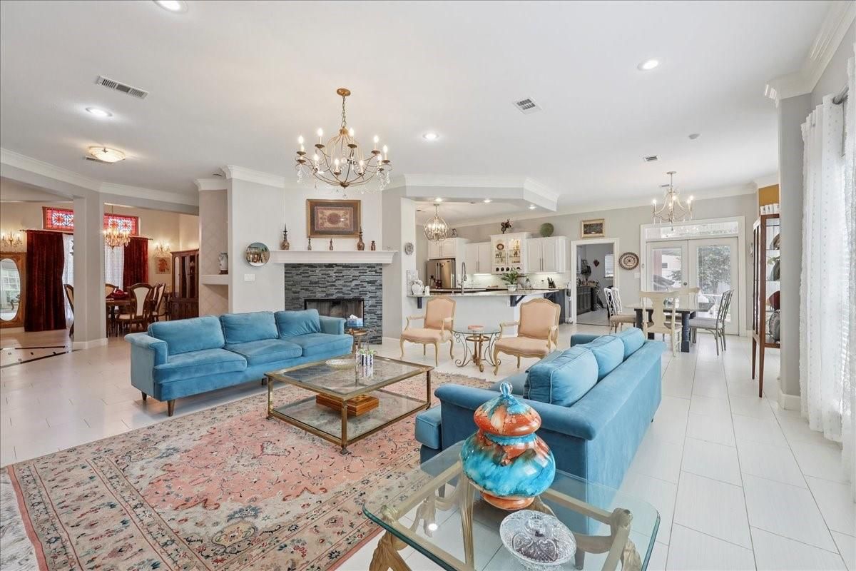 Chandelier, Dining room, Fireplace, Interior, Kitchen, Living room, Pendant Lights, Recessed Lighting